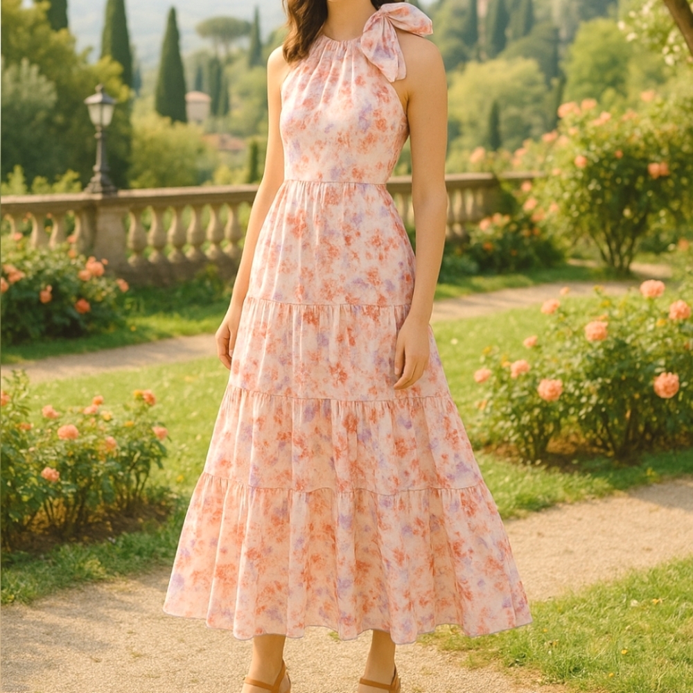 Italian Claudia Collezioni Pastel Floral Purple Summer Tiered Maxi Dress Pink L